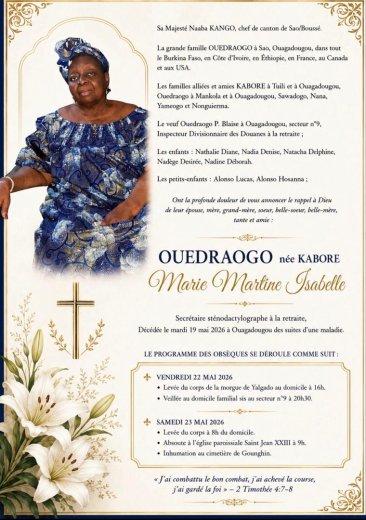 Décès de Ouedraogo née Kabore Marie Martine Isabelle